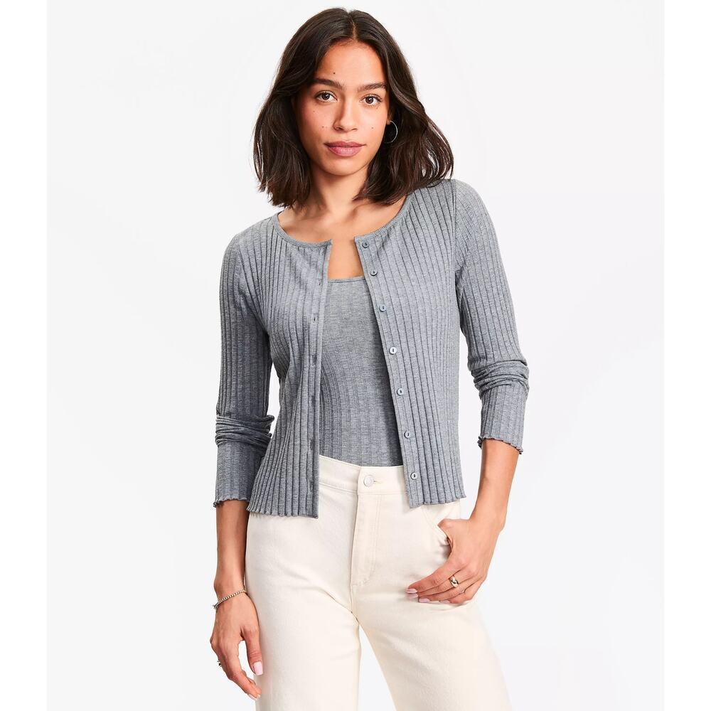 Loft Heathered Ruffle Ribbed Cardigan Sz XL Button Front Round Neck Minimal NWT